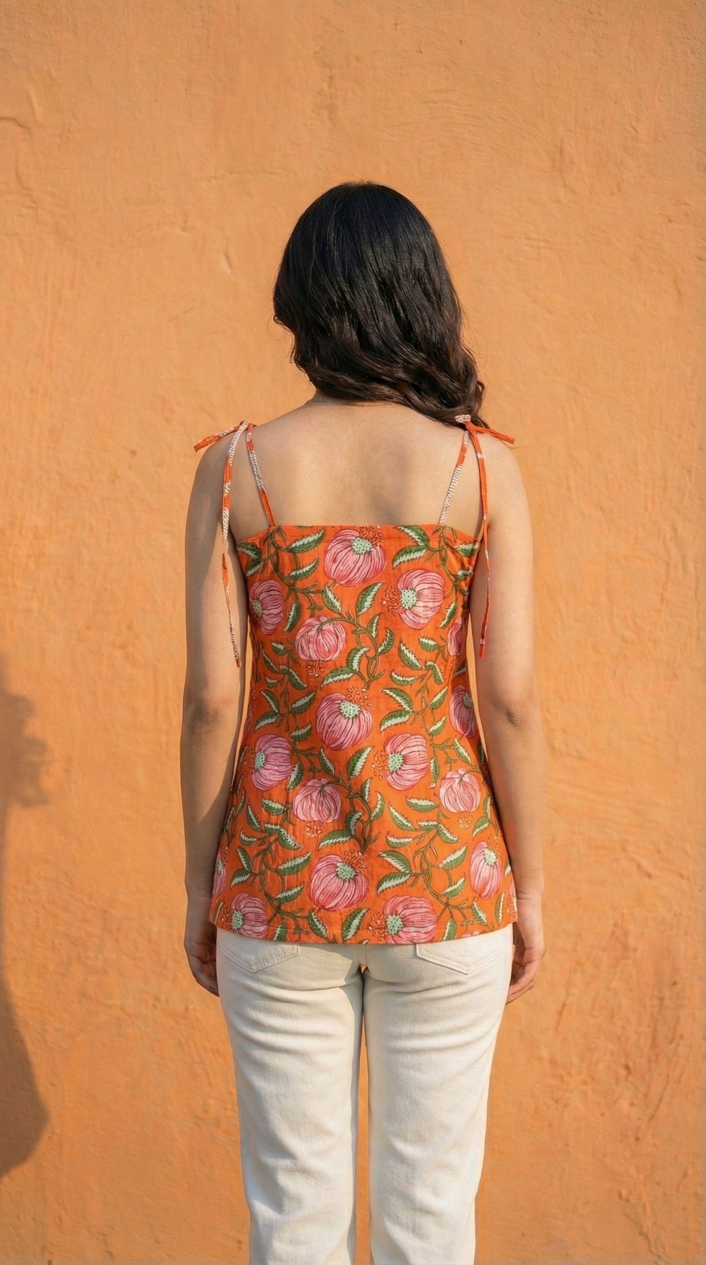 Women Orange Floral Printed Cotton Short Kurti with Shoulder Strings
