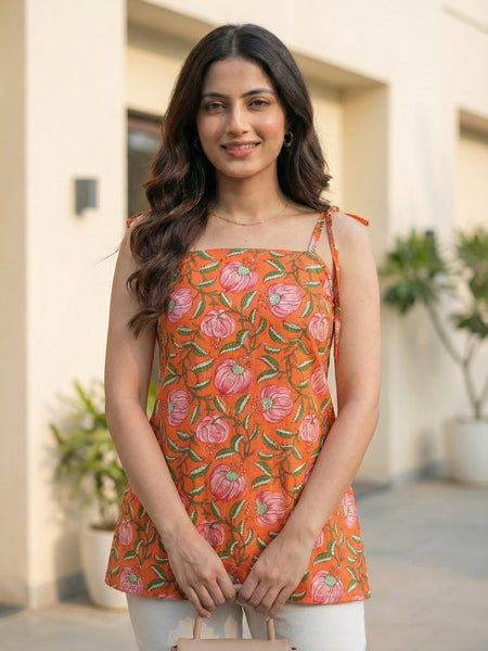 Women Orange Floral Printed Cotton Short Kurti with Shoulder Strings