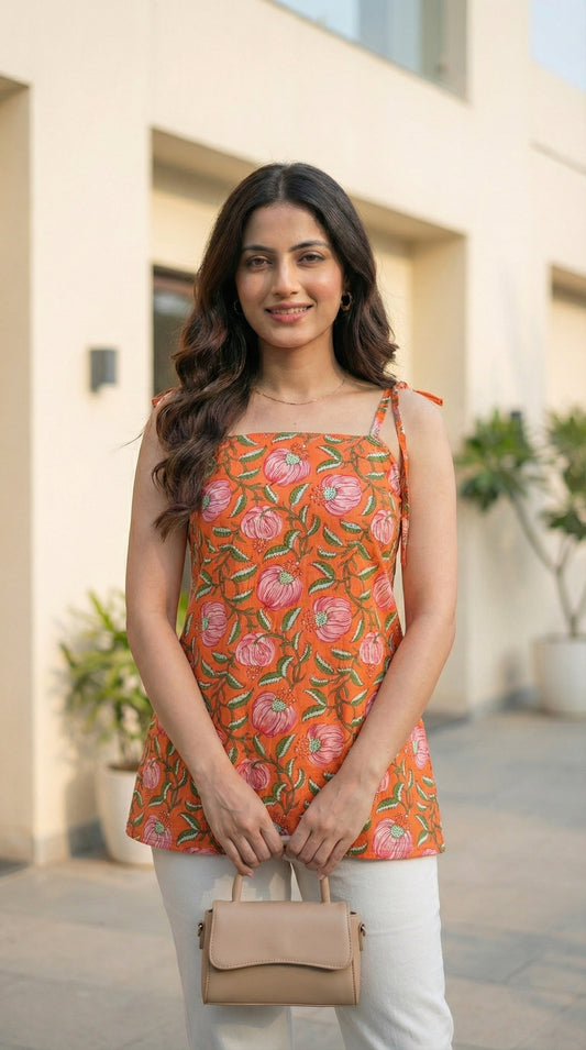 Women Orange Floral Printed Cotton Short Kurti with Shoulder Strings