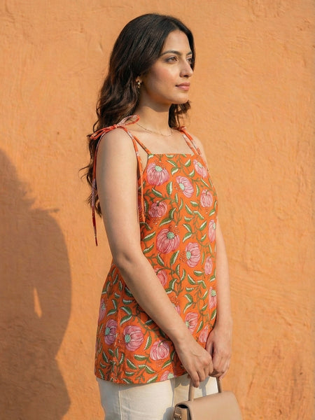 Women Orange Floral Printed Cotton Short Kurti with Shoulder Strings