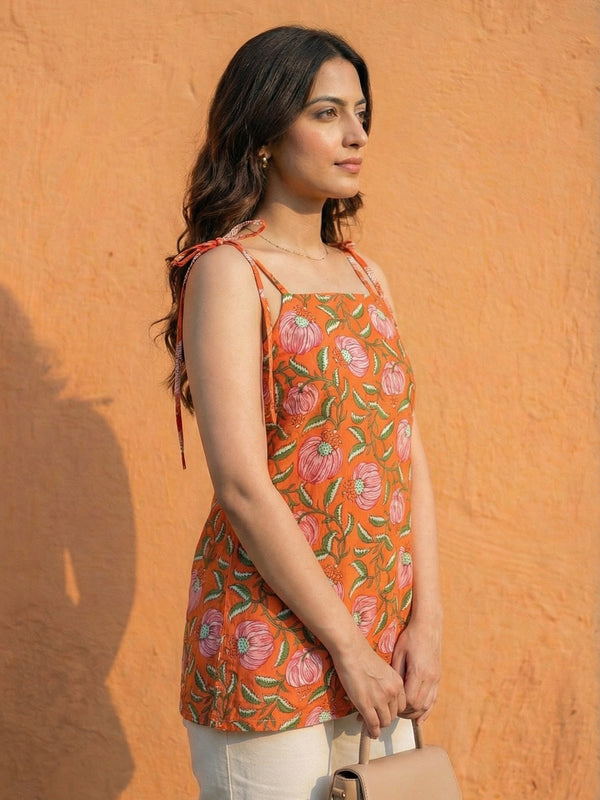 Women Orange Floral Printed Cotton Short Kurti with Shoulder Strings