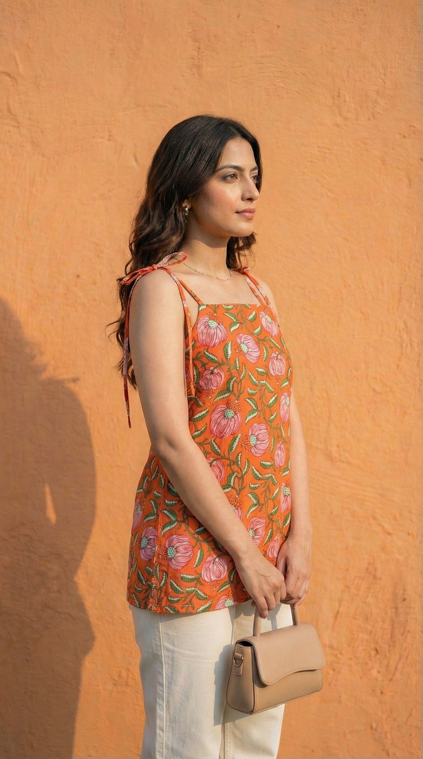 Women Orange Floral Printed Cotton Short Kurti with Shoulder Strings