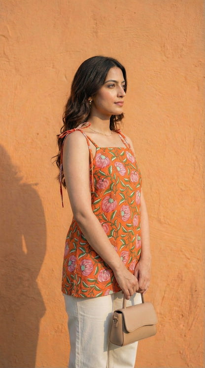 Women Orange Floral Printed Cotton Short Kurti with Shoulder Strings