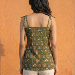 Women Deep Green Floral Printed Cotton Kurti with Shoulder Tie-Up