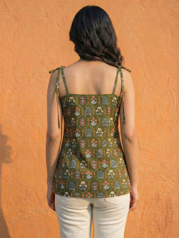 Women Deep Green Floral Printed Cotton Kurti with Shoulder Tie-Up