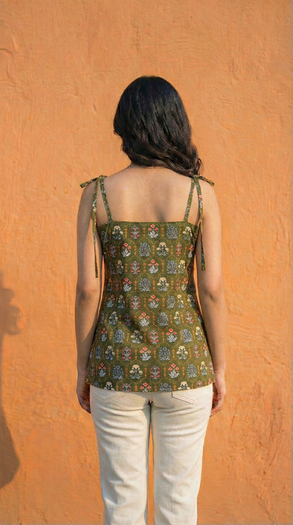 Women Deep Green Floral Printed Cotton Kurti with Shoulder Tie-Up
