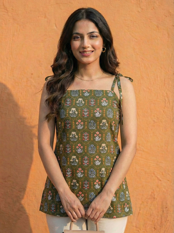 Women Deep Green Floral Printed Cotton Kurti with Shoulder Tie-Up