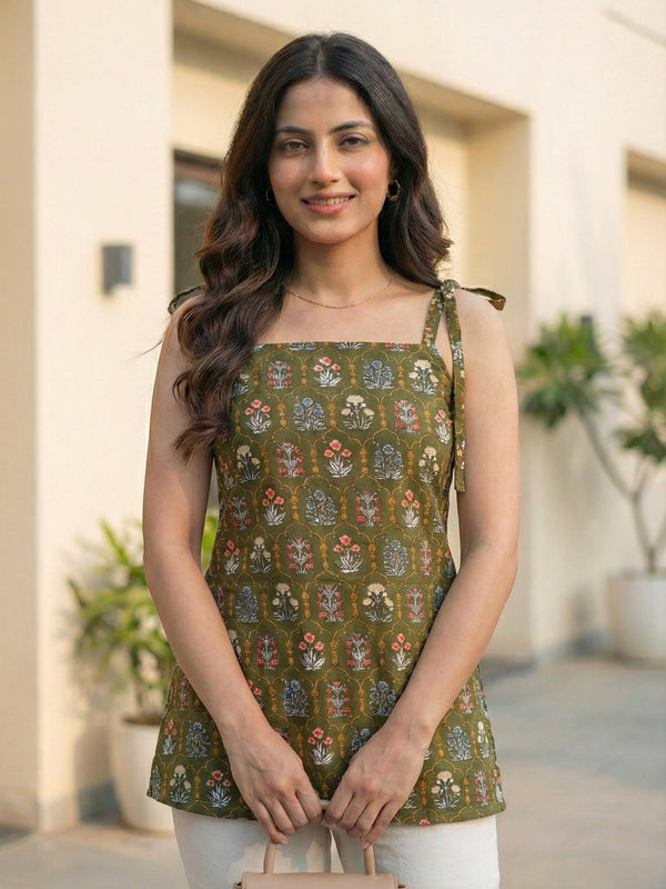 Women Deep Green Floral Printed Cotton Kurti with Shoulder Tie-Up