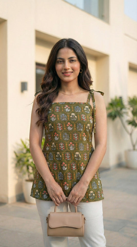 Women Deep Green Floral Printed Cotton Kurti with Shoulder Tie-Up