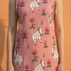 Women Pichwai Printed Cotton Short Kurti with Shoulder Strings