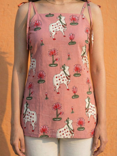 Women Pichwai Printed Cotton Short Kurti with Shoulder Strings