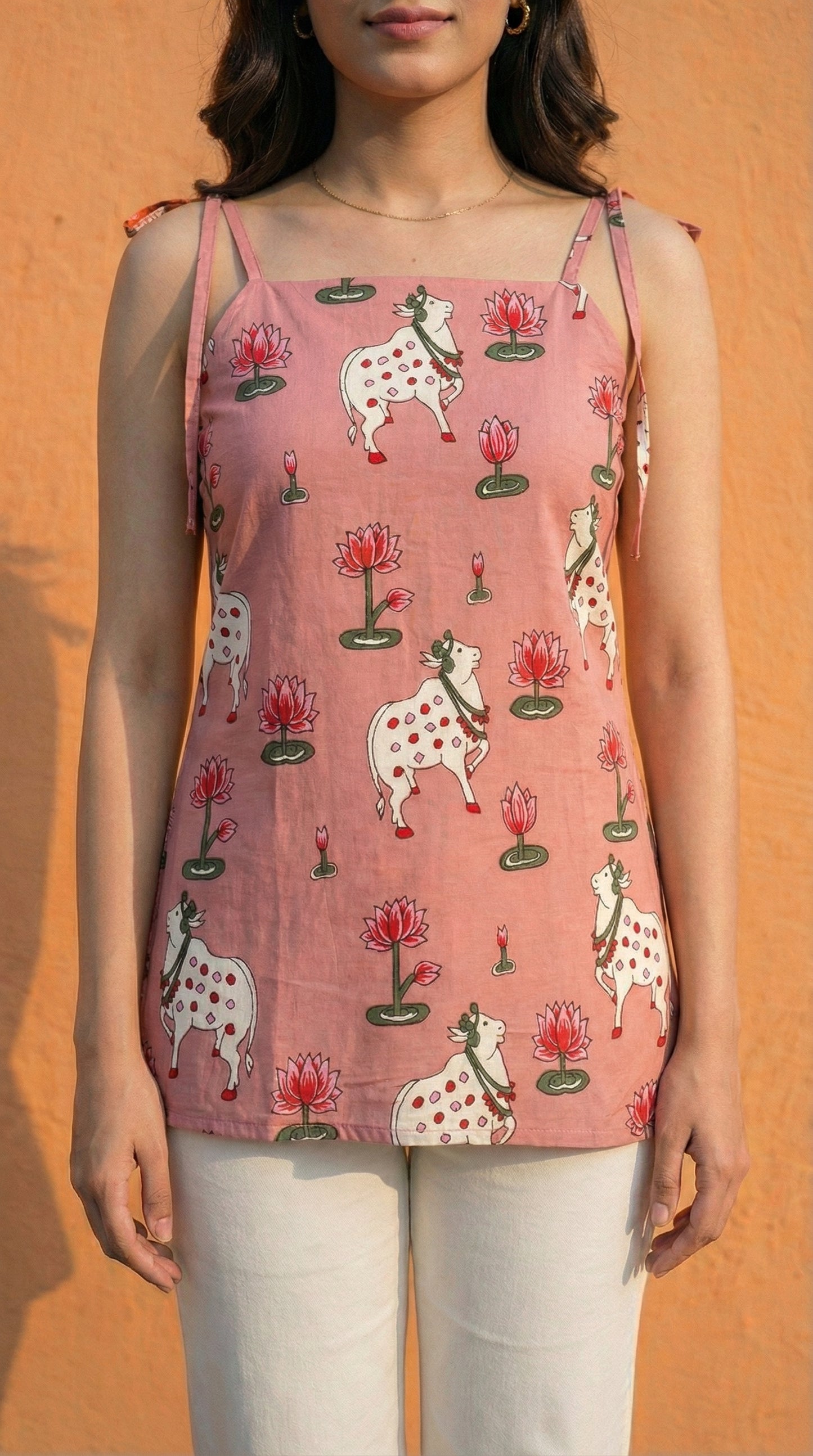 Women Pichwai Printed Cotton Short Kurti with Shoulder Strings