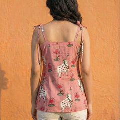 Women Pichwai Printed Cotton Short Kurti with Shoulder Strings