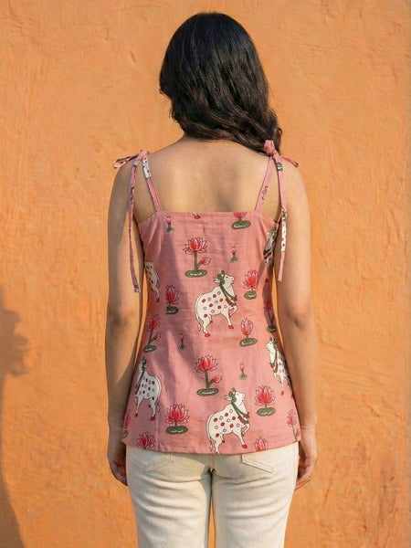 Women Pichwai Printed Cotton Short Kurti with Shoulder Strings
