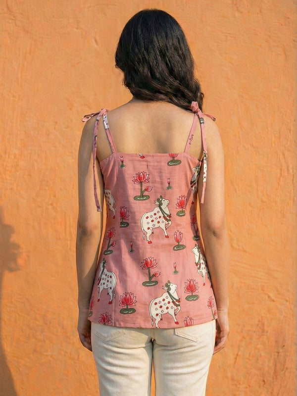 Women Pichwai Printed Cotton Short Kurti with Shoulder Strings