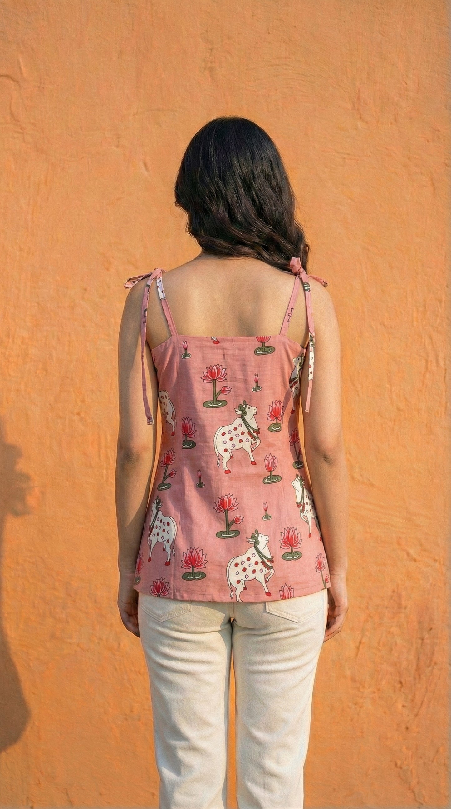 Women Pichwai Printed Cotton Short Kurti with Shoulder Strings