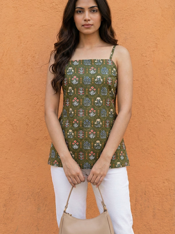Women Green Floral Printed Cotton Short Kurti with Back Tie-Up Detail