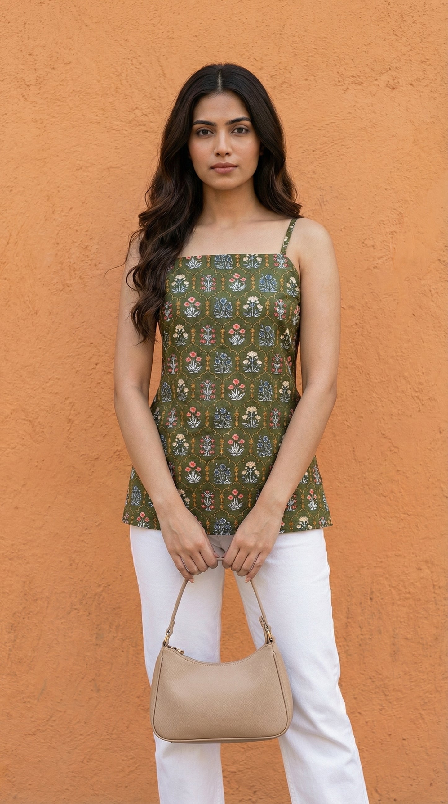 Women Green Floral Printed Cotton Short Kurti with Back Tie-Up Detail