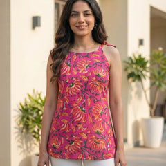 Women Pink Floral Printed Cotton Round Halter Kurti