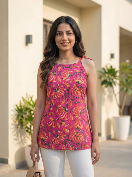 Women Pink Floral Printed Cotton Round Halter Kurti