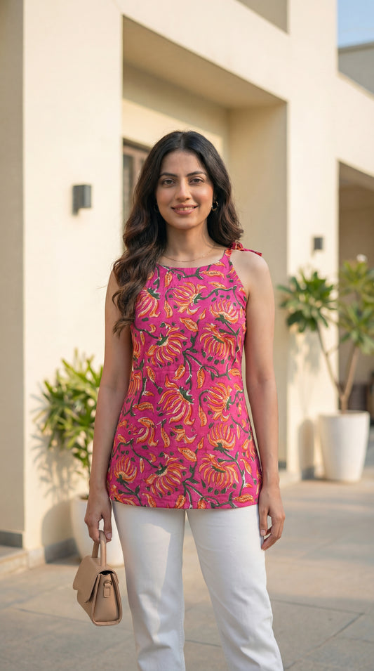 Women Pink Floral Printed Cotton Round Halter Kurti