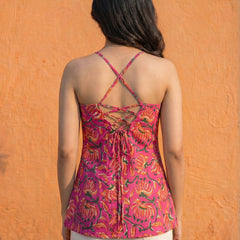 Women Pink Floral Printed Cotton Round Halter Kurti