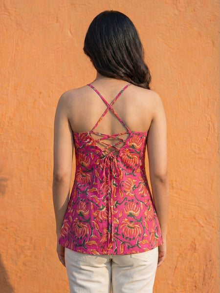 Women Pink Floral Printed Cotton Round Halter Kurti