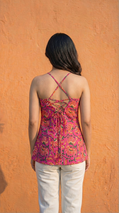 Women Pink Floral Printed Cotton Round Halter Kurti