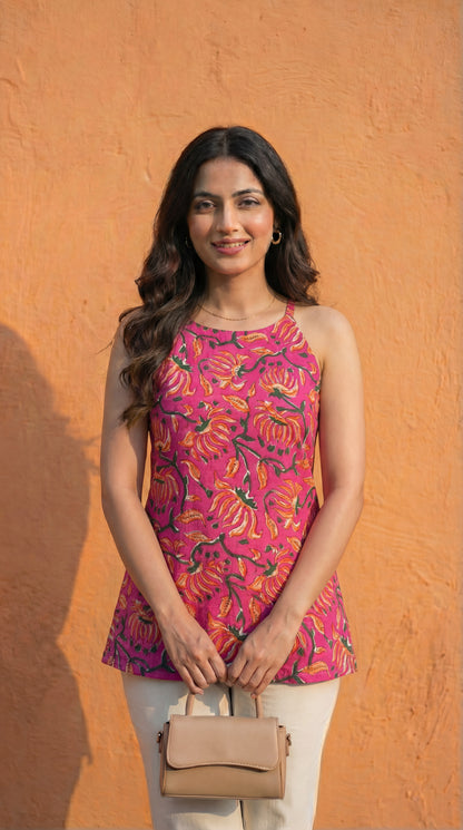 Women Pink Floral Printed Cotton Round Halter Kurti