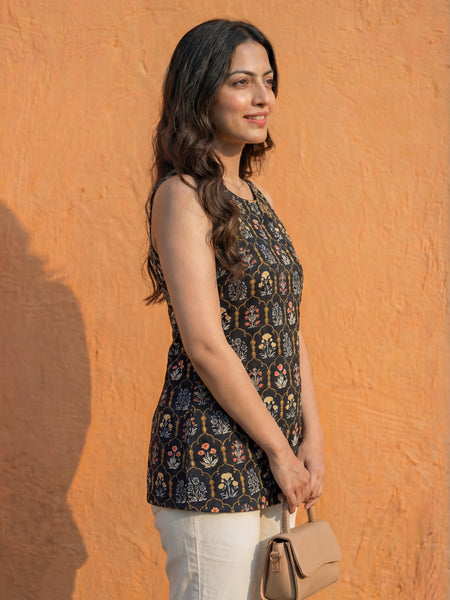 Women Black Cotton Short Kurti with Round Halter Neck