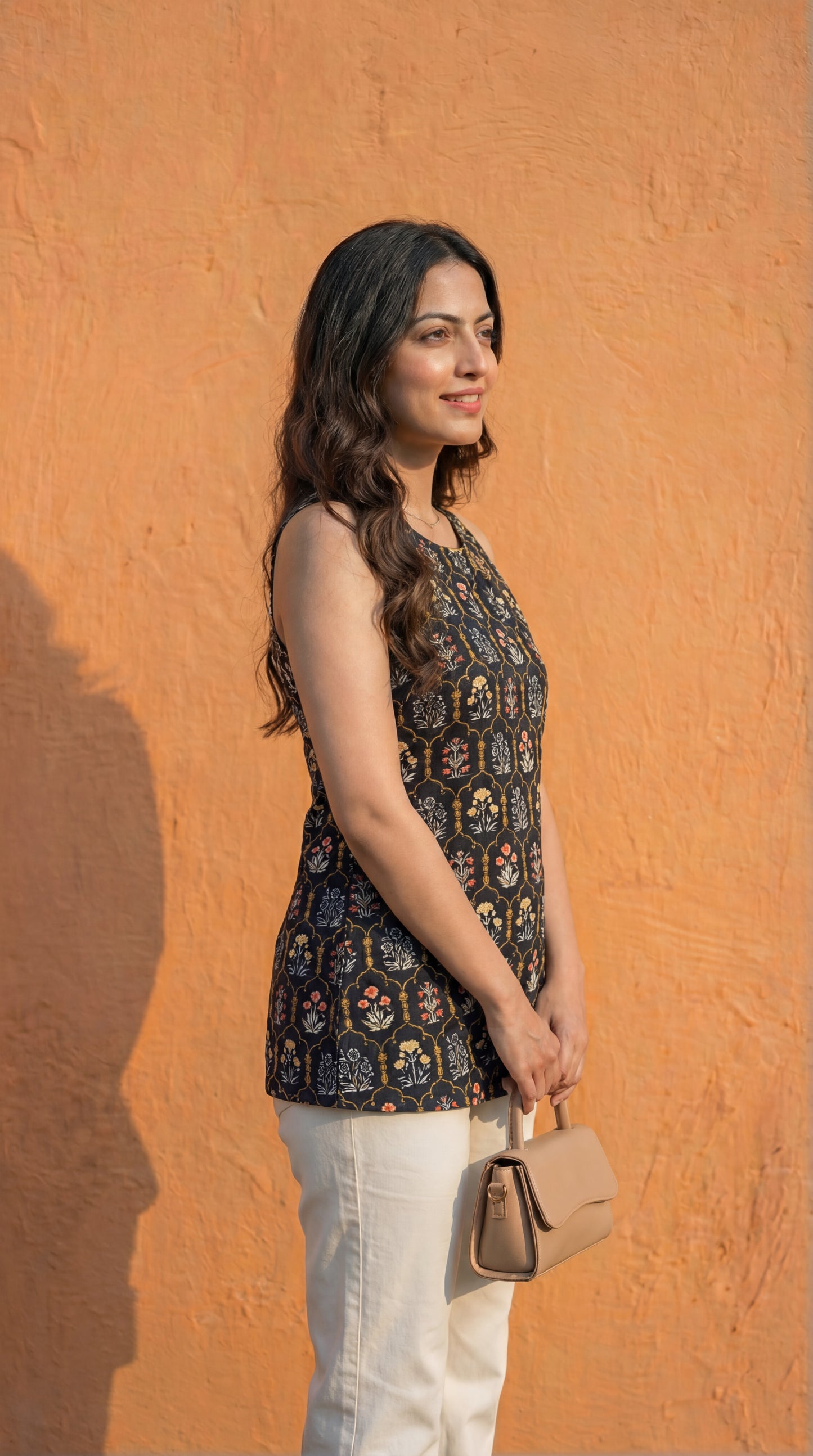 Women Black Cotton Short Kurti with Round Halter Neck