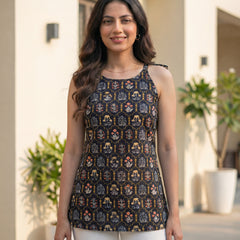 Women Black Cotton Short Kurti with Round Halter Neck