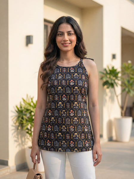 Women Black Cotton Short Kurti with Round Halter Neck