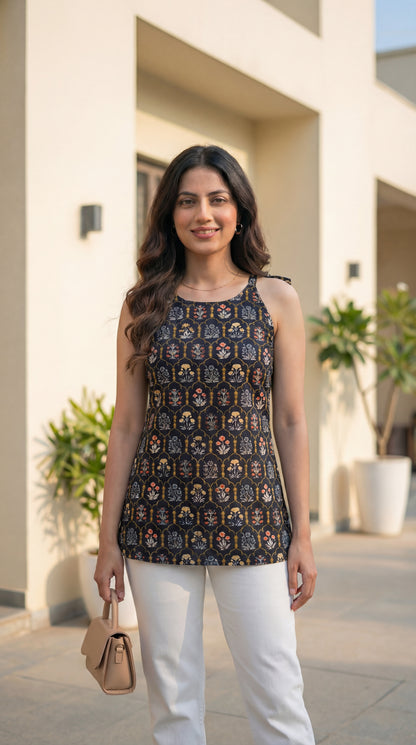 Women Black Cotton Short Kurti with Round Halter Neck