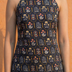 Women Black Cotton Short Kurti with Round Halter Neck