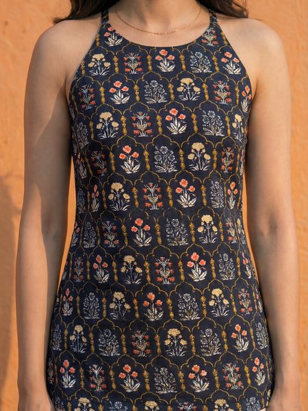 Women Black Cotton Short Kurti with Round Halter Neck