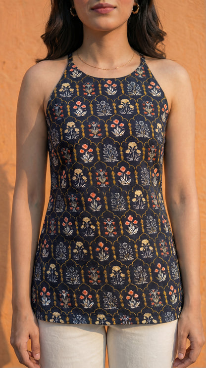 Women Black Cotton Short Kurti with Round Halter Neck