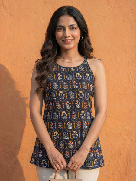 Women Black Cotton Short Kurti with Round Halter Neck