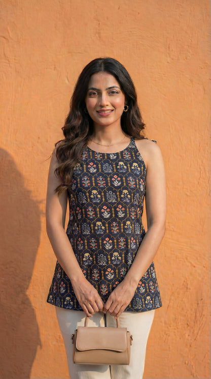 Women Black Cotton Short Kurti with Round Halter Neck