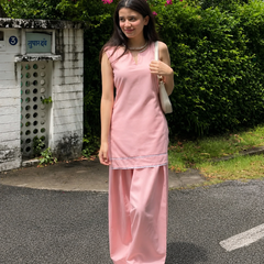Blush Pink Solid Kurta with Wide-Leg Pants Set