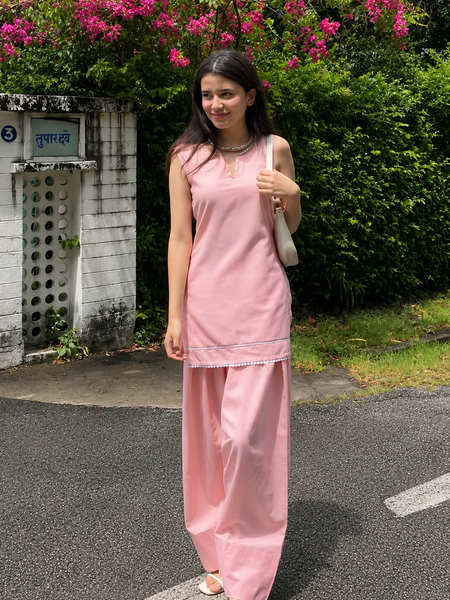 Blush Pink Solid Kurta with Wide-Leg Pants Set
