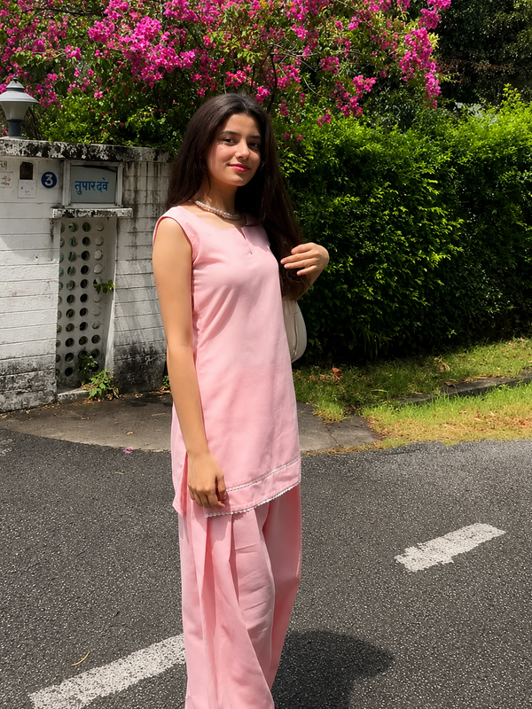 Blush Pink Solid Kurta with Wide-Leg Pants Set