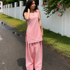 Blush Pink Solid Kurta with Wide-Leg Pants Set