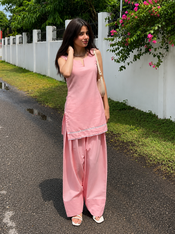 Blush Pink Solid Kurta with Wide-Leg Pants Set