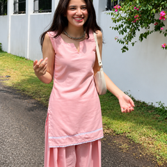 Blush Pink Solid Kurta with Wide-Leg Pants Set
