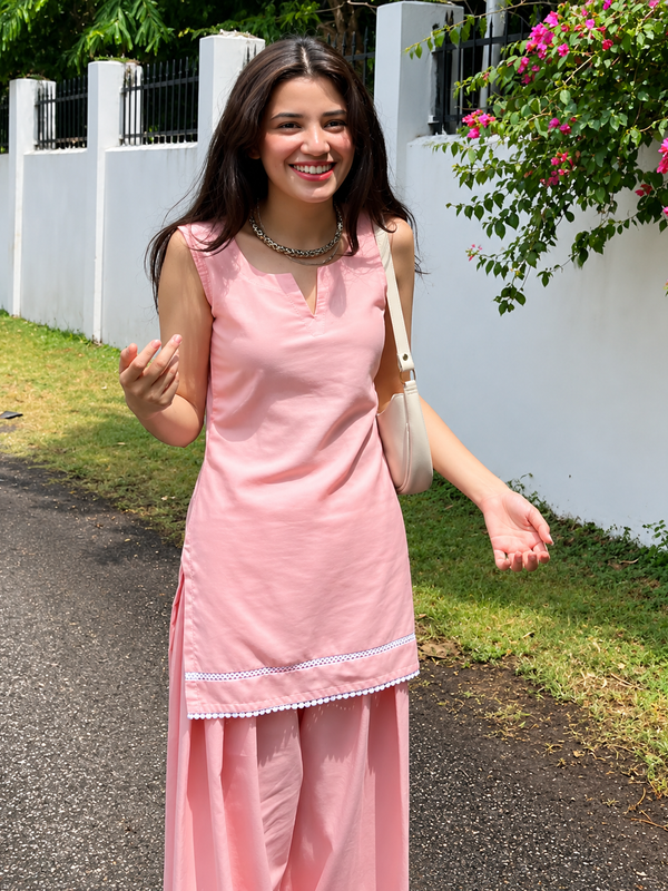Blush Pink Solid Kurta with Wide-Leg Pants Set