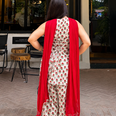 Ivory Floral Printed Kurta Set with Red Dupatta & Palazzo Pant