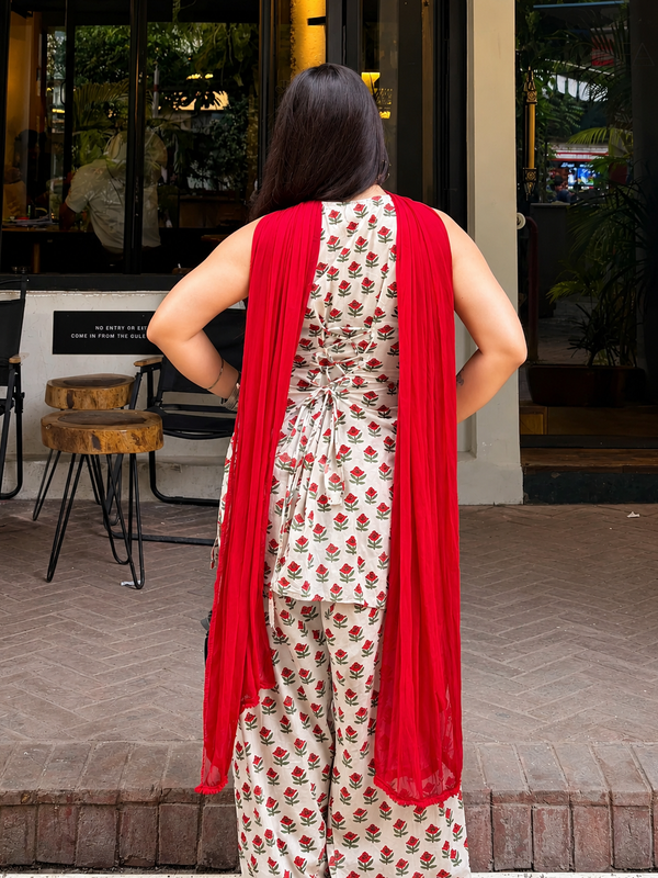 Ivory Floral Printed Kurta Set with Red Dupatta & Palazzo Pant