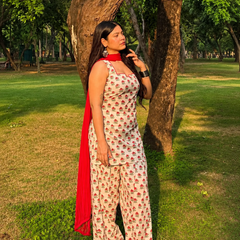 Ivory Floral Printed Kurta Set with Red Dupatta & Palazzo Pant