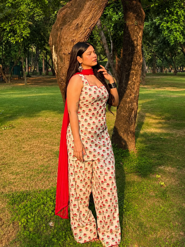 Ivory Floral Printed Kurta Set with Red Dupatta & Palazzo Pant